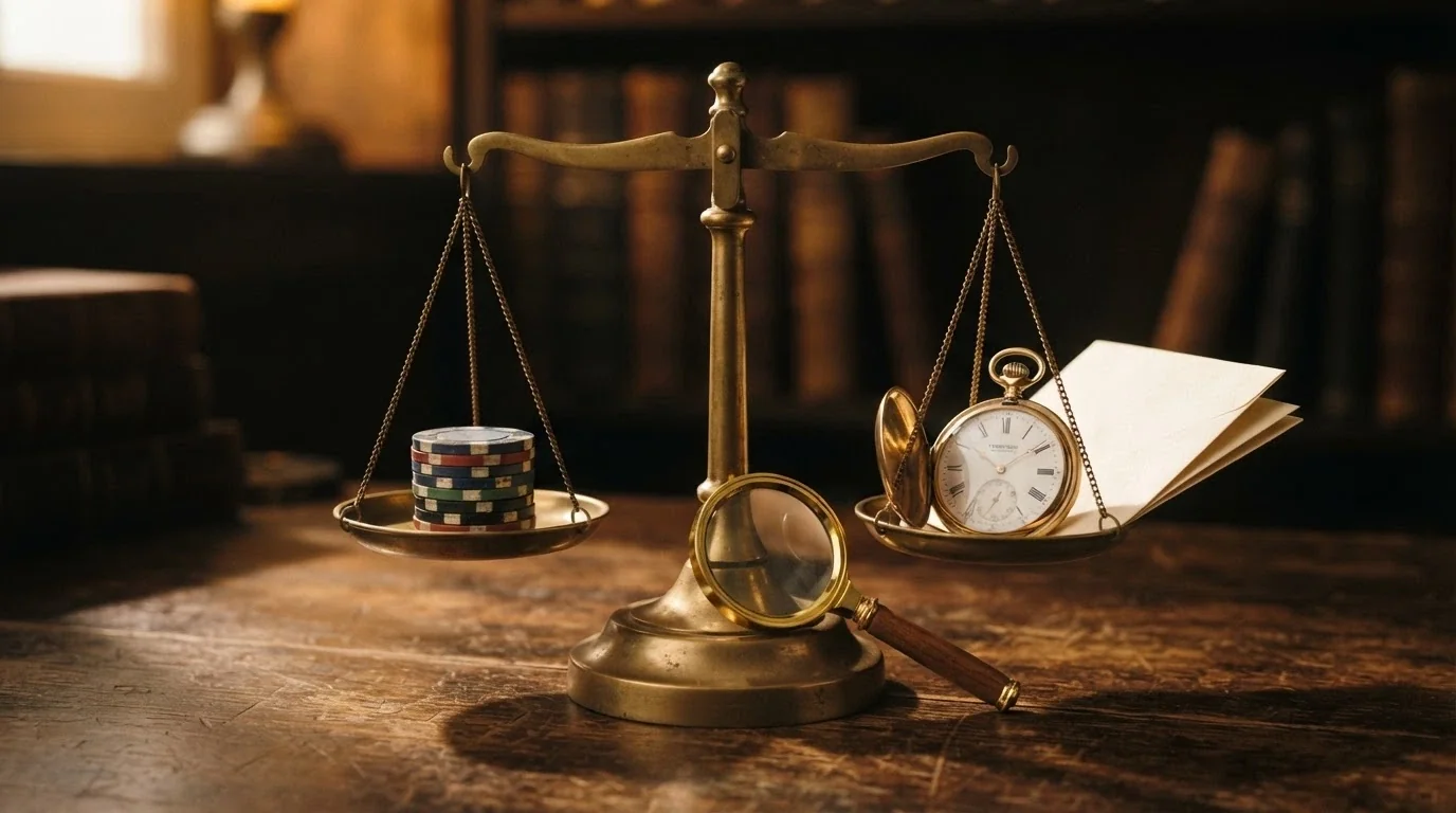 Una bilancia stilizzata con da un lato una pila di fiches e dall'altro un orologio e un contratto con una lente, su sfondo neutro