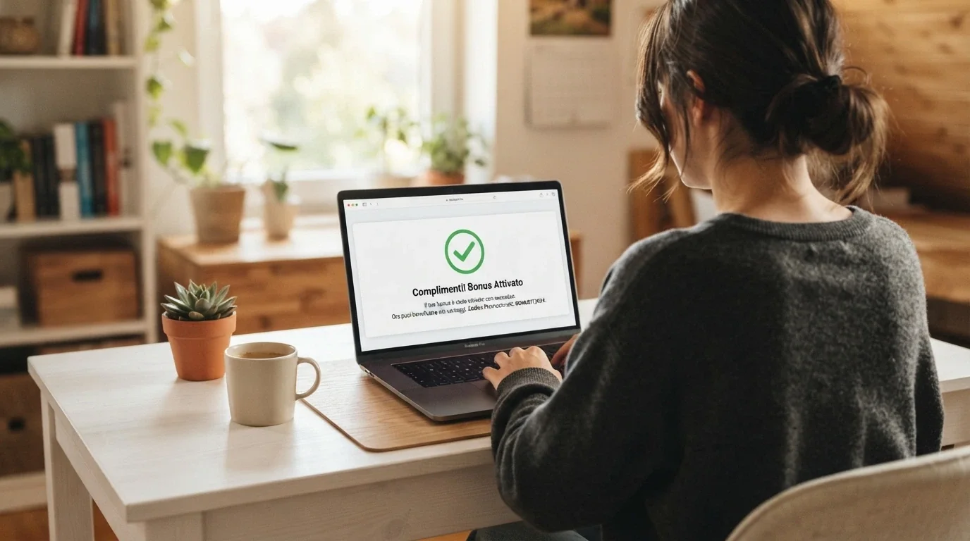 Un giocatore davanti al computer sorride dopo aver completato la registrazione SPID, con la schermata di conferma del bonus senza deposito visibile