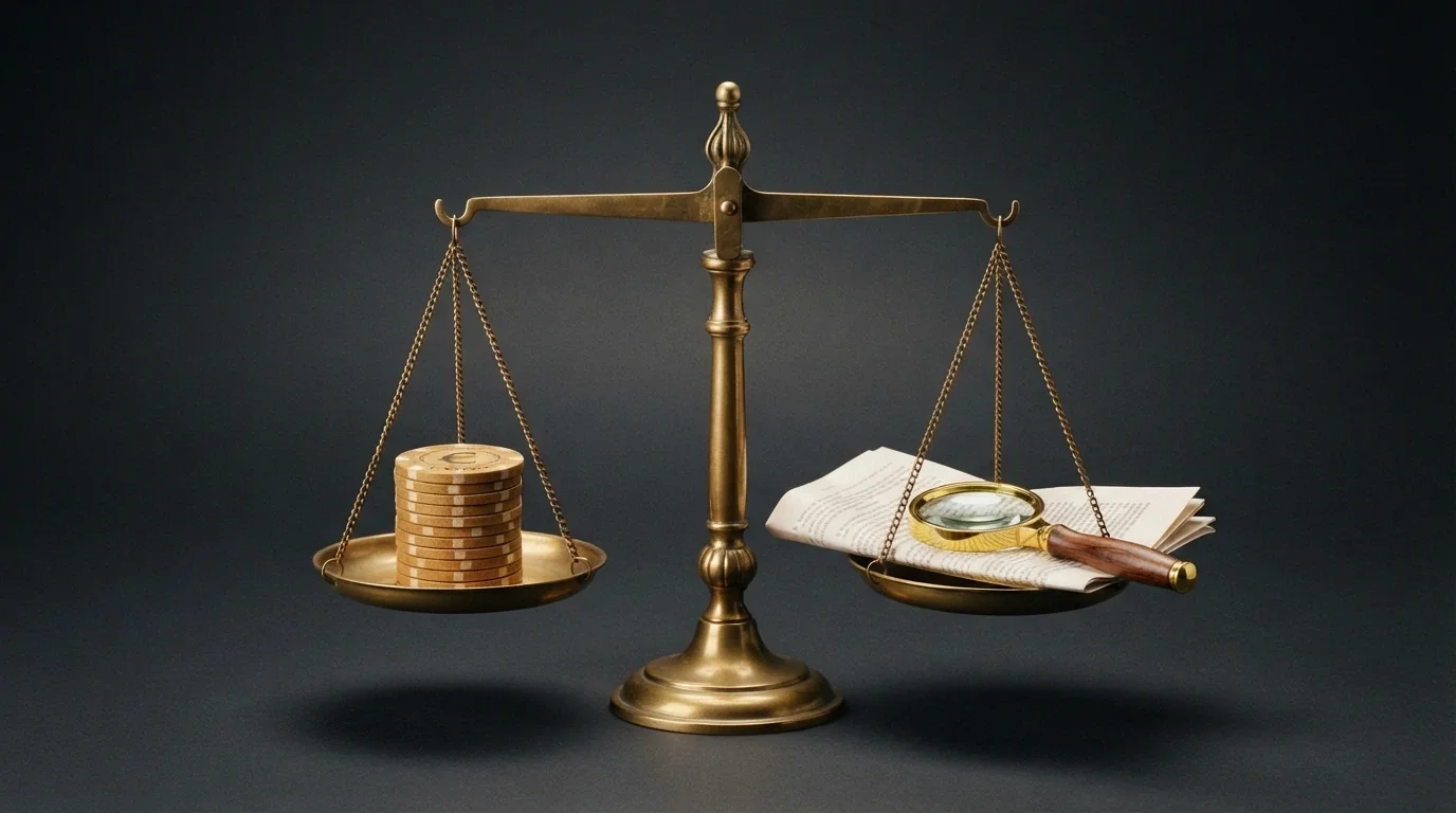 Una bilancia con da un lato una pila di fiches da 1.000 euro e dall'altro un contratto con una lente che ne ingrandisce le clausole in piccolo