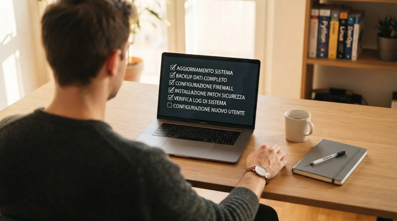 Un giocatore seduto davanti allo schermo in atteggiamento riflessivo, con la mano lontana dal mouse, mentre sullo schermo compare una lista di controllo