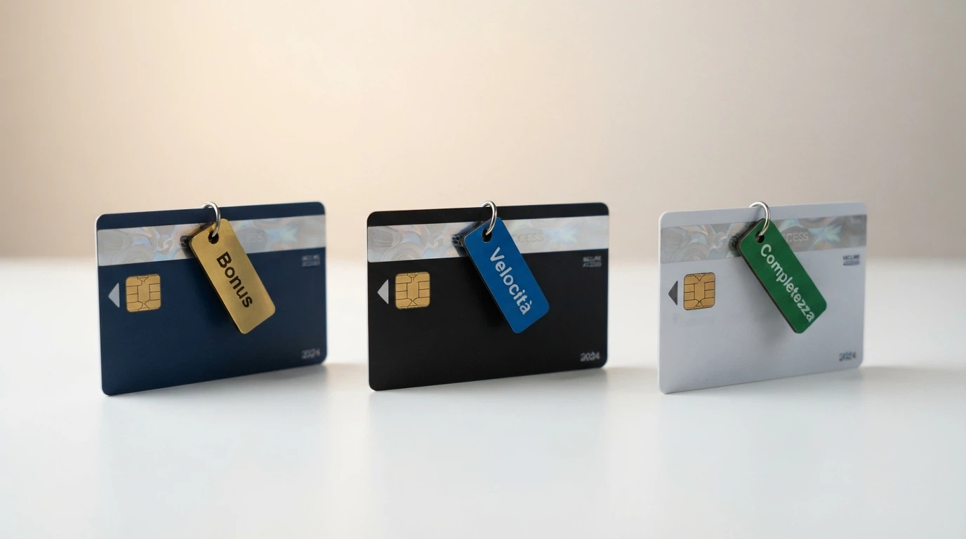 Tre carte d'identità elettroniche affiancate, ciascuna con un'etichetta diversa: «bonus più ricco», «registrazione più veloce», «piattaforma più completa» — il giocatore sceglie
