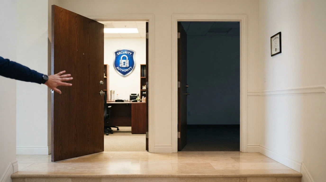 Due porte affiancate: la porta a sinistra è aperta su uno scudo blu con la scritta ADM e un lucchetto, la porta a destra è socchiusa su uno sfondo grigio senza simboli — una mano sta per spingere la porta di sinistra
