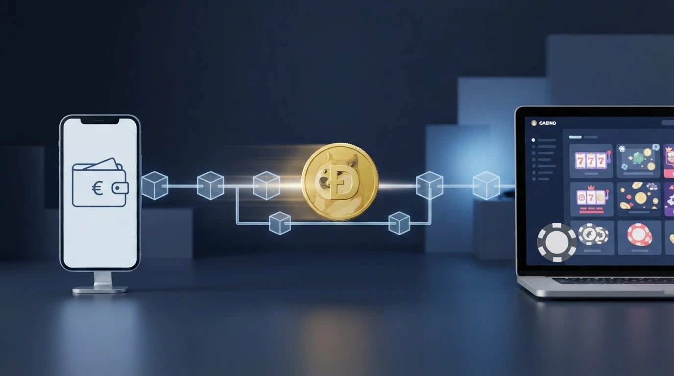 Infografica che illustra il percorso di una transazione Dogecoin dal wallet personale al saldo del casinò, con i tempi di conferma