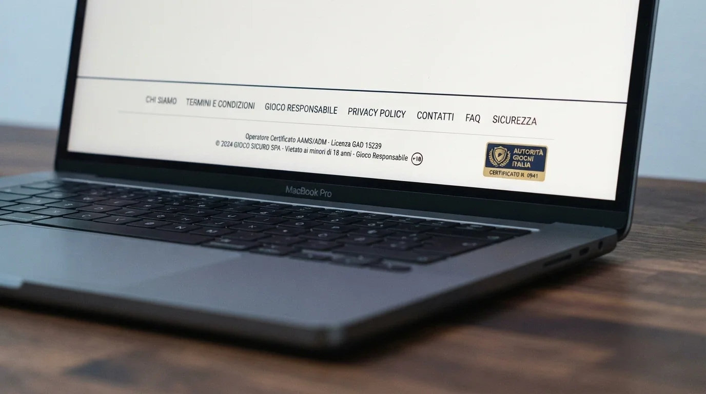 Un primo piano del piè di pagina di un casinò online con il sigillo della licenza Curaçao e il numero di registrazione visibile
