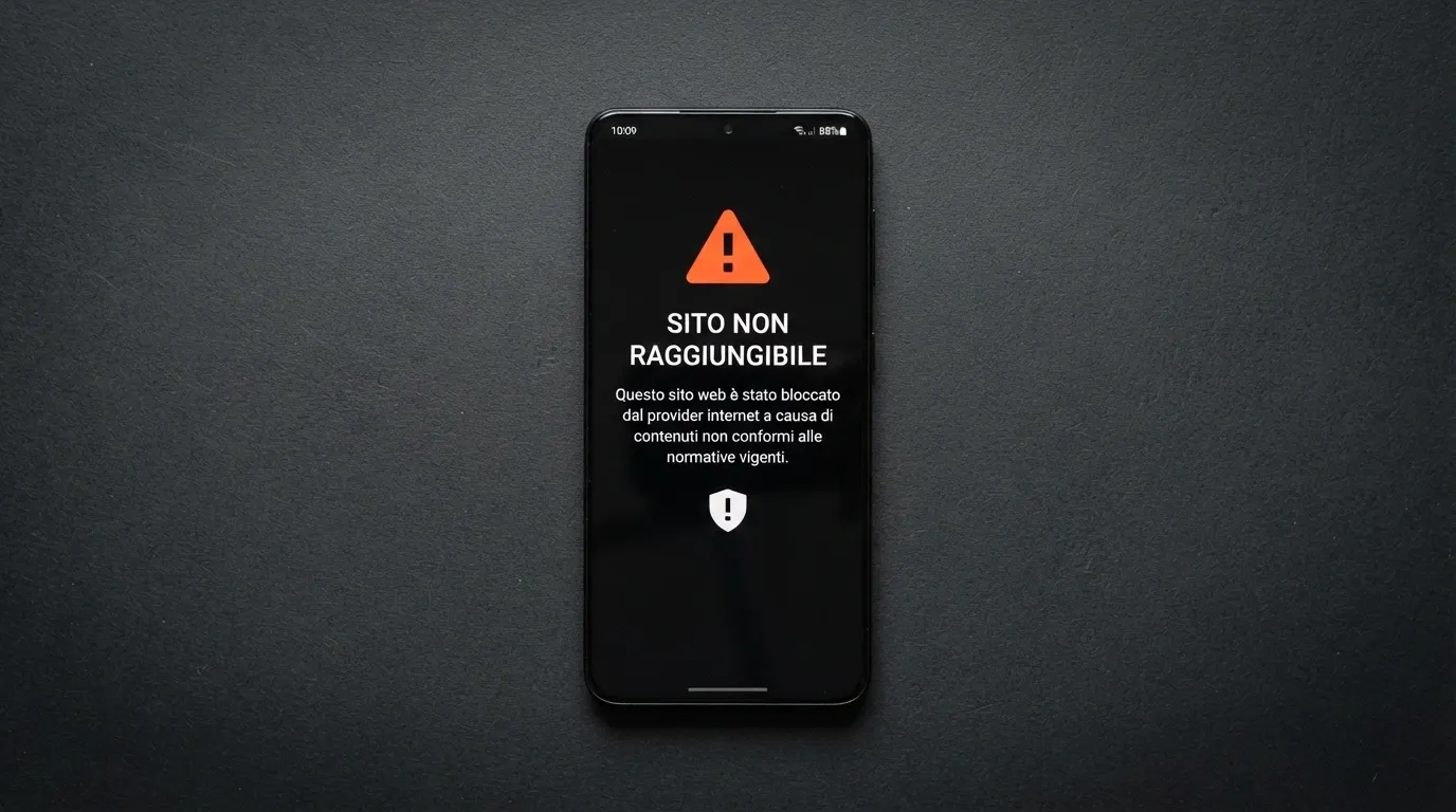 Uno schermo che mostra un messaggio di sito bloccato dall'ISP italiano, con il logo ADM visibile