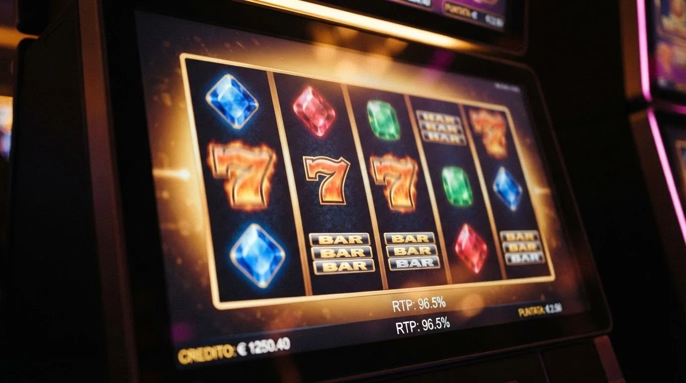Griglia di rulli di una slot machine online con simboli colorati e il pannello delle informazioni di gioco