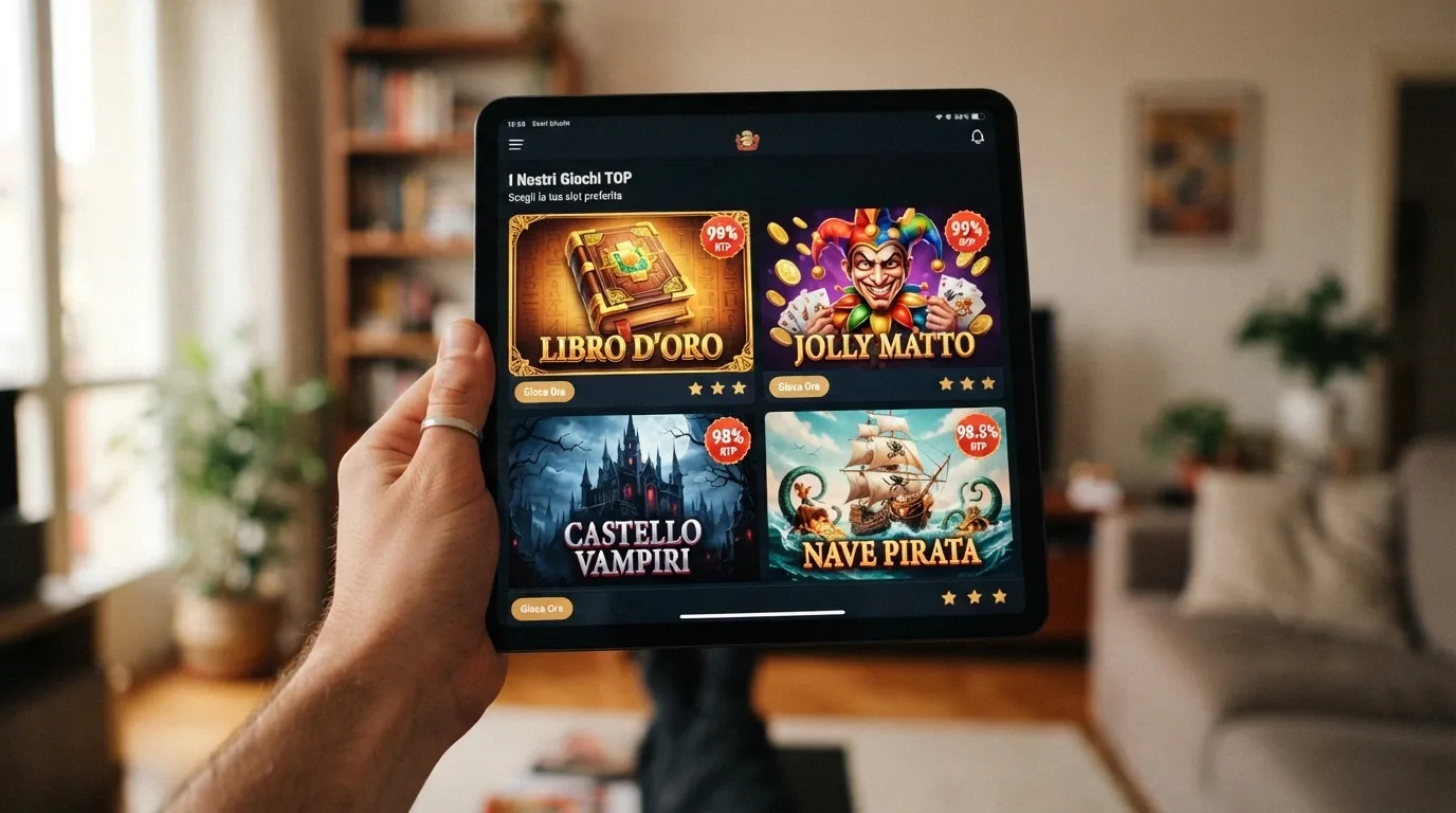Griglia di copertine di slot machine ad alto RTP (Book of 99, Mega Joker, Blood Suckers) con l'indicatore RTP in evidenza