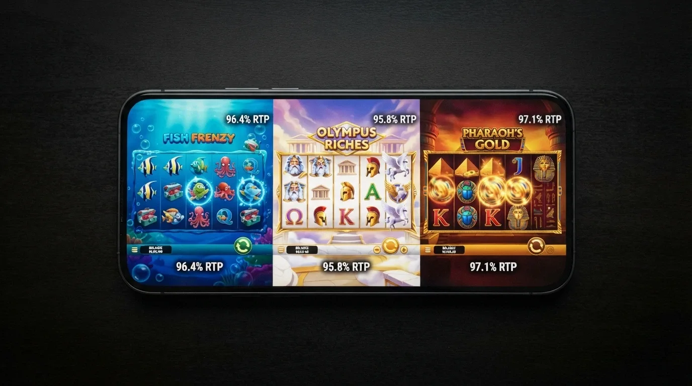 Tre slot machine popolari su schermo smartphone: Big Bass Bonanza, Gates of Olympus e Book of Dead con i rispettivi RTP in sovrimpressione