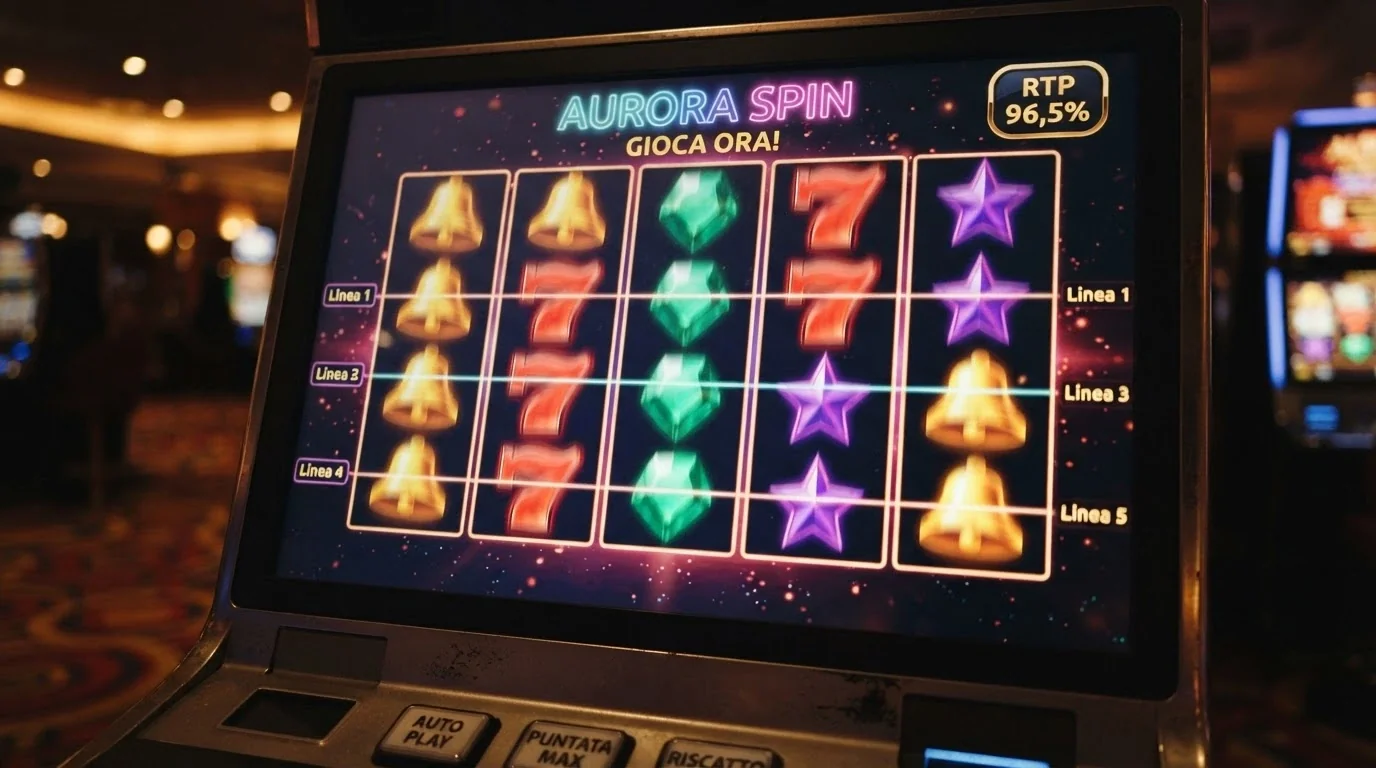 Una schermata di slot machine con rulli colorati in movimento, in sovraimpressione il logo di un provider noto e la percentuale RTP