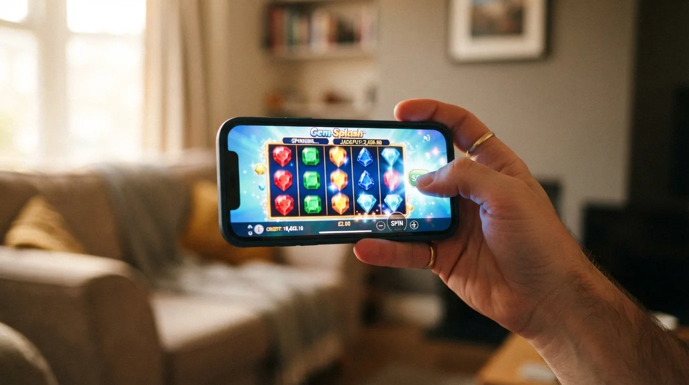 Una mano che tiene uno smartphone in orizzontale con una slot BTG in esecuzione, lo schermo luminoso e i dettagli dei simboli ben visibili.