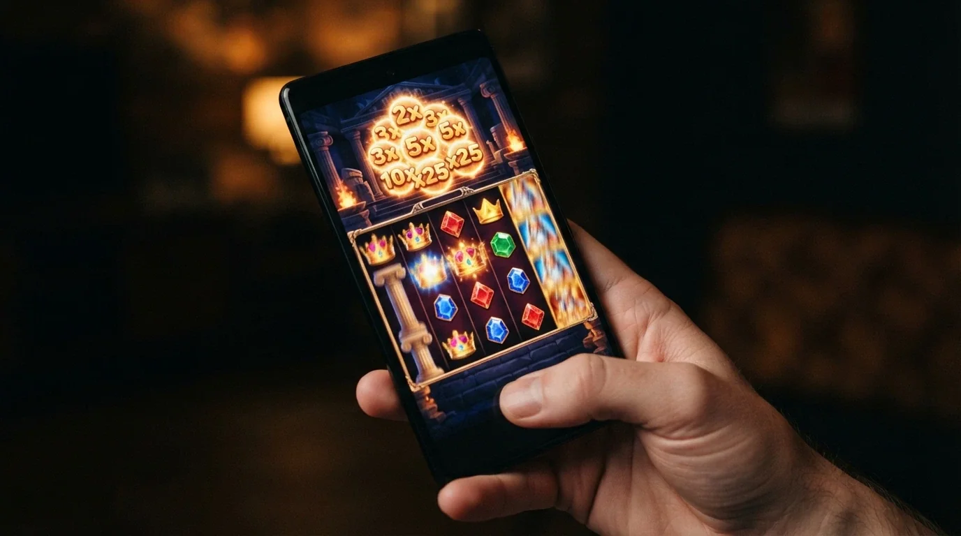 L'interfaccia della slot Gates of Olympus con i simboli moltiplicatori colorati in azione durante un giro bonus
