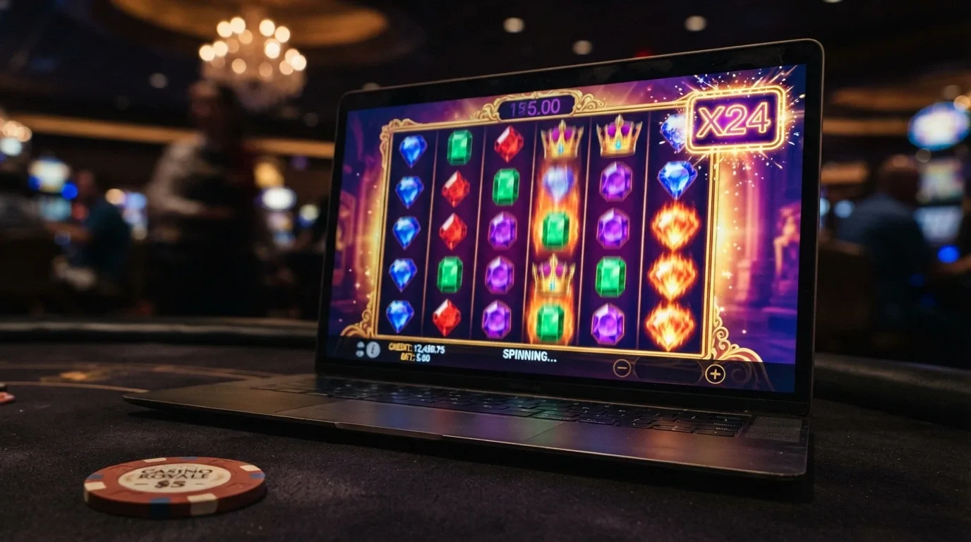 Griglia 6x5 della slot Gates of Olympus con simboli colorati e il moltiplicatore Zeus attivo durante un round bonus, puntata e saldo visibili