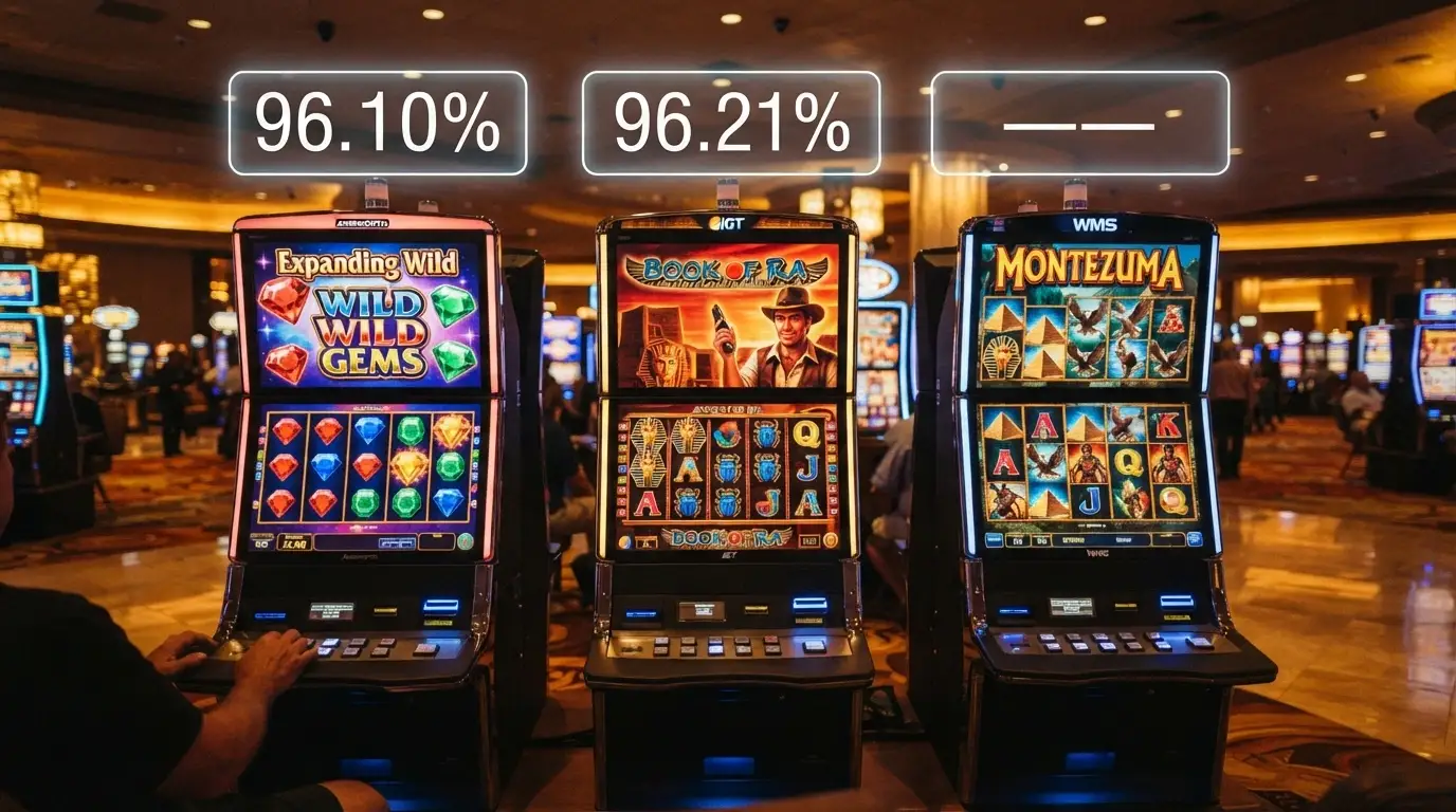 Tre slot machine affiancate — Starburst con le sue gemme colorate, Book of Dead con Rich Wilde e una slot Megaways con rulli dinamici — con le percentuali RTP in sovrimpressione su ciascuna