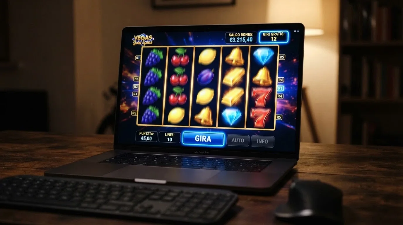 Griglia di slot machine online con una puntata attiva: in primo piano i rulli di una slot, con il credito bonus visibile nel saldo in alto