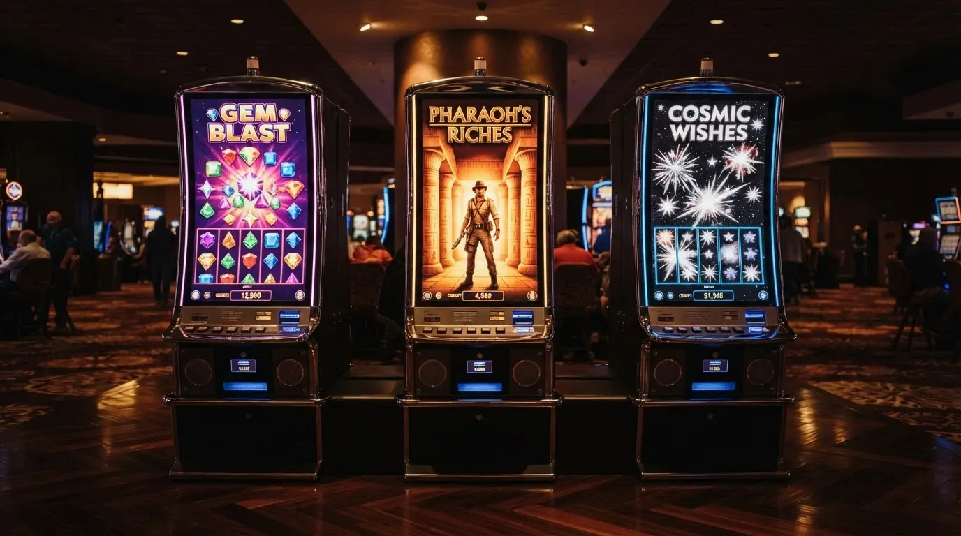 Tre slot machine affiancate con le schermate di gioco visibili: Starburst (gemme colorate), Book of Dead (Rich Wilde con geroglifici), Starburst XXXtreme (esplosione di stelle)