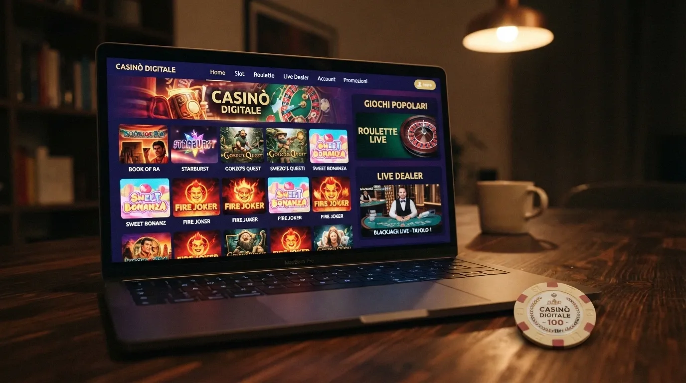 La lobby di un casinò online con miniature di slot machine, tavoli di roulette e una sezione di casinò live con croupier in streaming