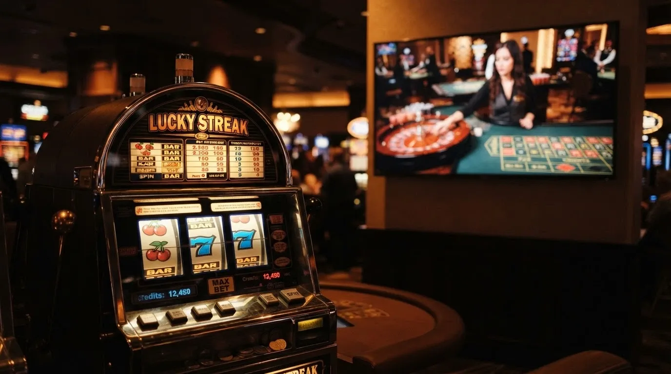 Una slot machine digitale in primo piano con l'interfaccia di un live dealer sullo sfondo