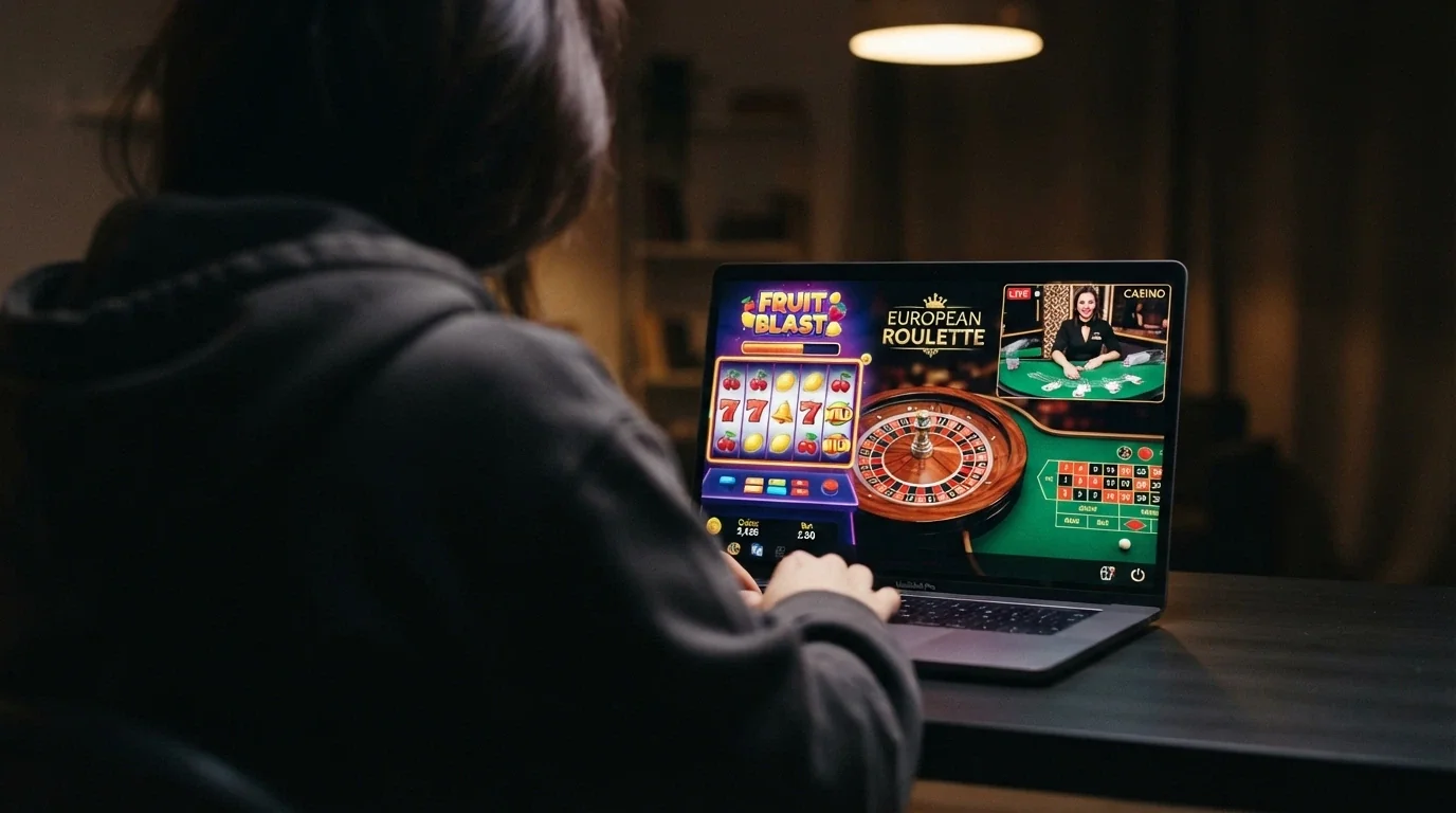 Lobby di un casinò online con slot, tavolo di roulette e tavolo live con croupier in streaming — interfaccia ricca ma senza sigillo ADM