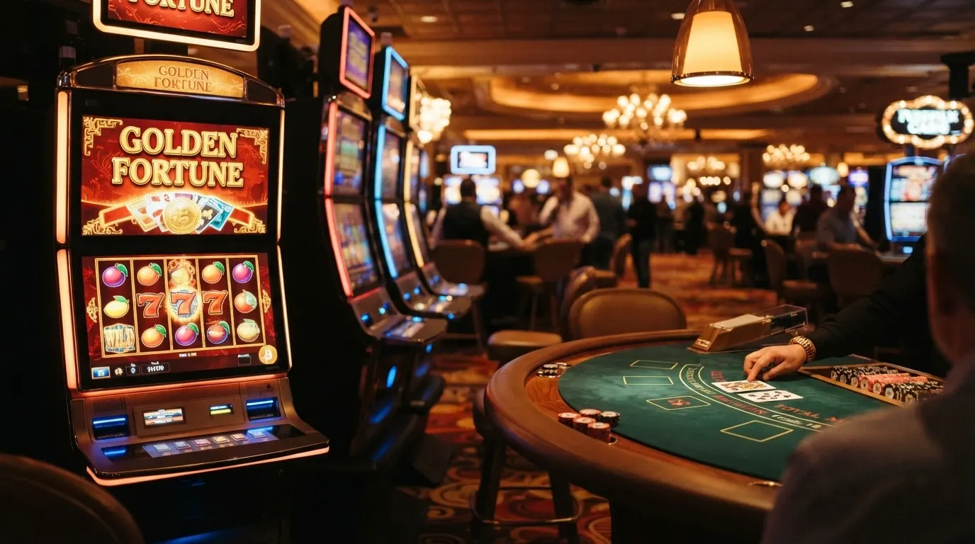 Una griglia di slot machine con il simbolo Bitcoin sugli schermi, affiancate da un tavolo da blackjack con dealer in uniforme