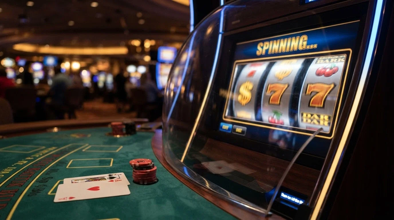Un rullo di slot machine con simboli dorati accanto a un tavolo da blackjack in primo piano