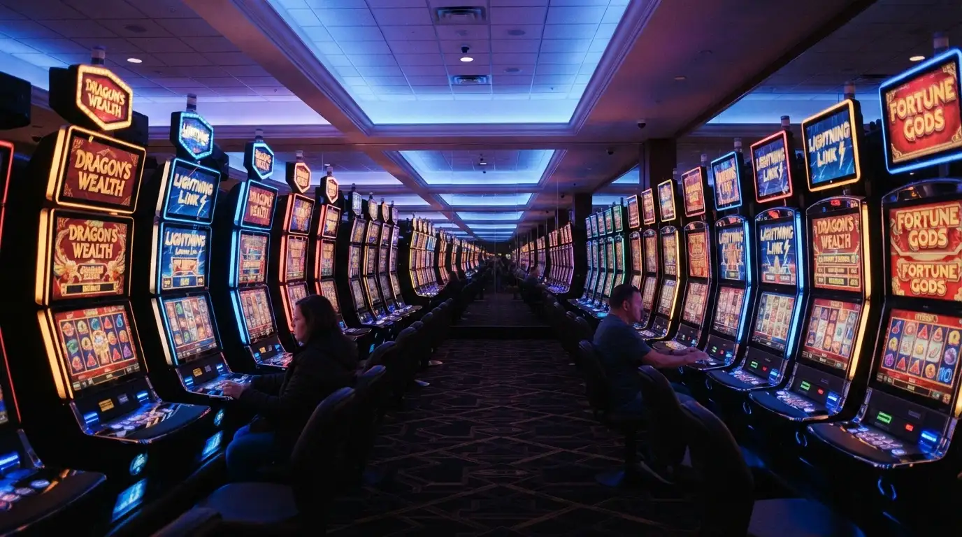 Sala slot con apparecchi luminosi e schermi multigames
