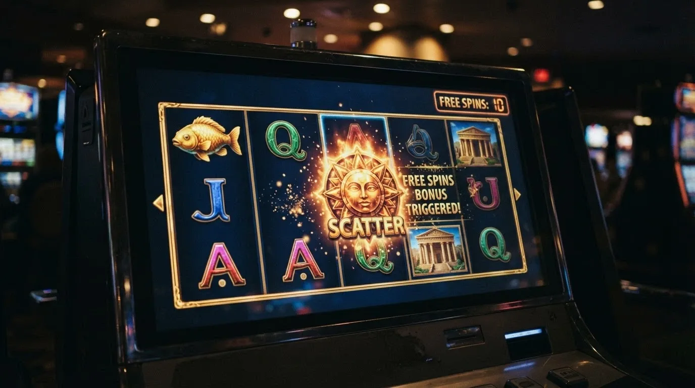 Il rullo di una slot machine digitale fermo sul simbolo scatter che attiva i giri gratuiti, con il contatore dei free spin visibile nell'angolo