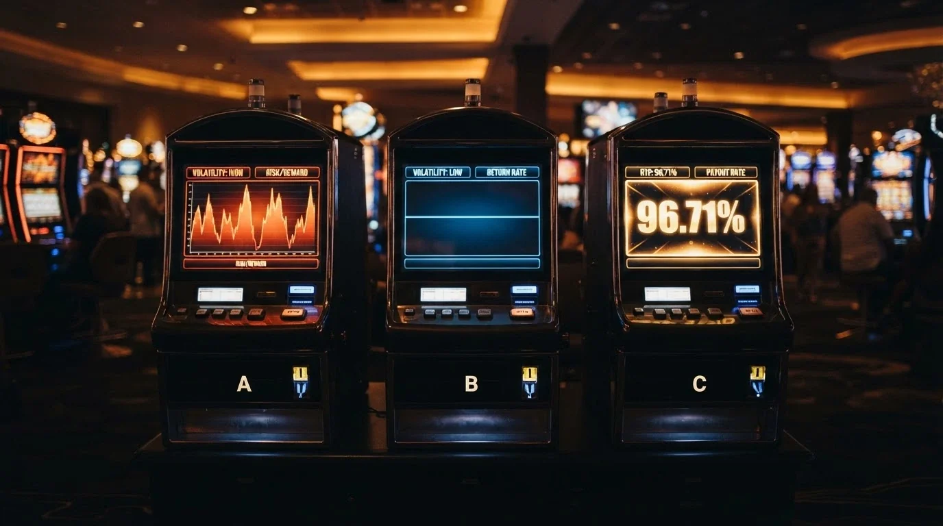 Tre slot machine affiancate con indicatori diversi: una mostra un grafico di volatilità alta con picchi, una un andamento piatto, la terza un RTP del 96,71% in evidenza