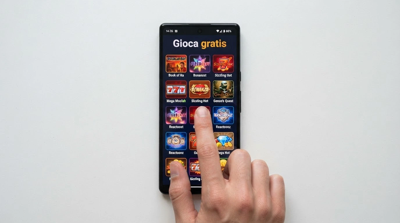 Lo schermo di uno smartphone che mostra una griglia di icone di slot machine con la scritta «Gioca gratis – Nessuna registrazione», con le dita di una mano che sfiorano il display
