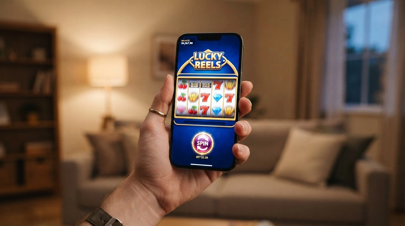 Una slot machine in esecuzione su iPhone in orientamento portrait, con rulli visibili e interfaccia touch ottimizzata