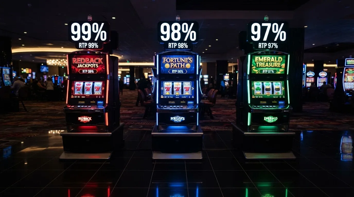 Una selezione di tre slot machine affiancate con i rispettivi valori di RTP in evidenza sopra ciascuna