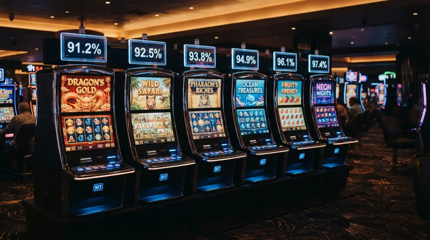 Una griglia di sei slot machine digitali affiancate, ciascuna con il proprio riquadro RTP in sovrimpressione, dalla più bassa alla più alta