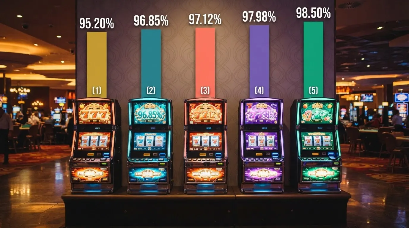 Una griglia di slot machine colorate in fila, con un grafico a barre che sale sopra ciascuna a indicare l'RTP percentuale
