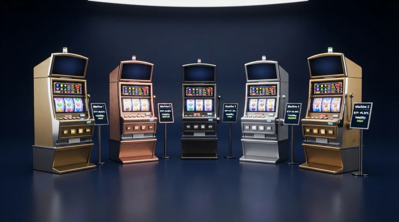 Una griglia di cinque slot machine con i rispettivi pannelli RTP e volatilità evidenziati in primo piano