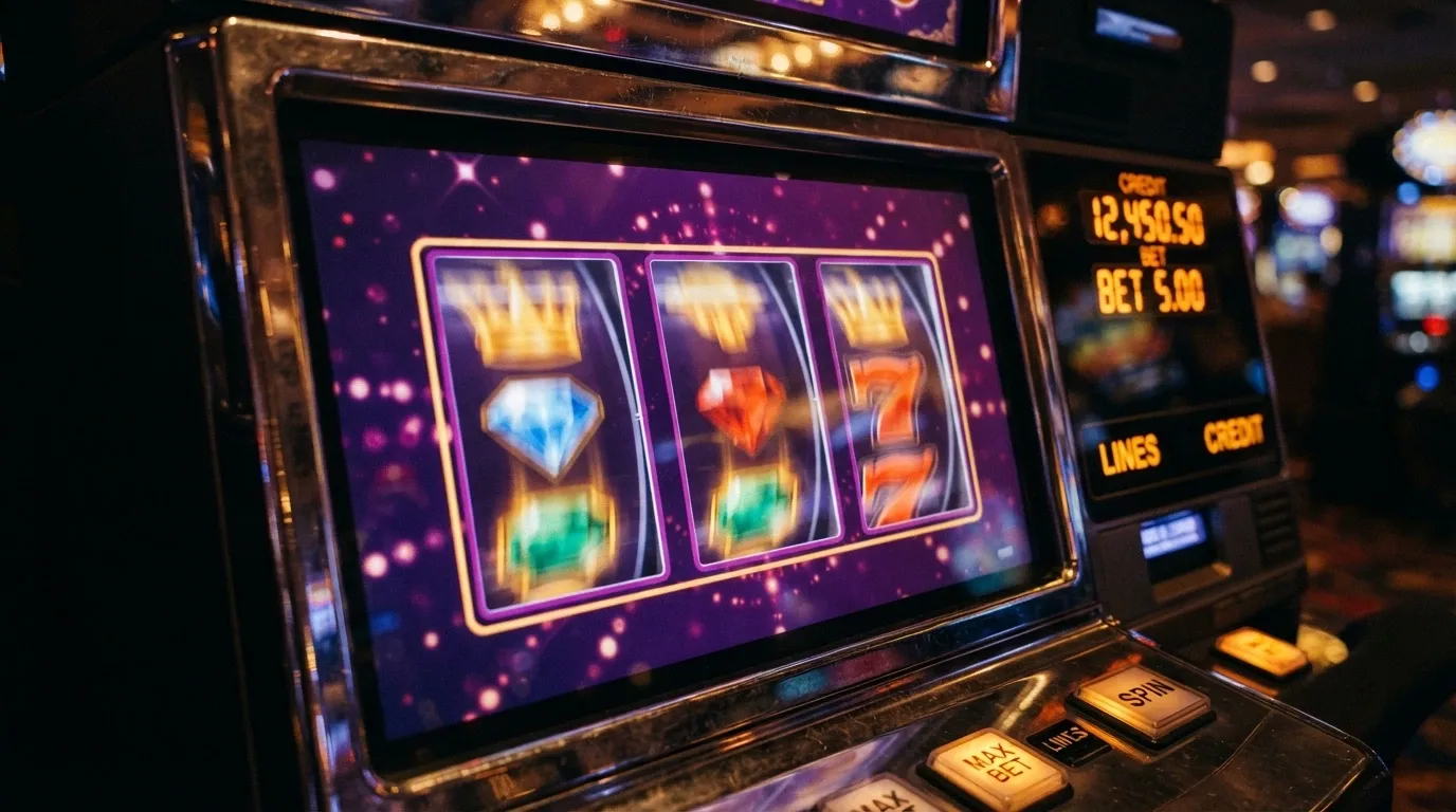 Una slot online con rulli in movimento, simboli dorati e tabella RTP in overlay