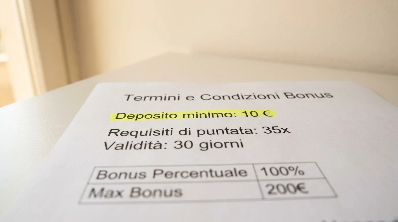 Un pannello dei termini bonus di un casinò ADM con il requisito di deposito minimo evidenziato in giallo