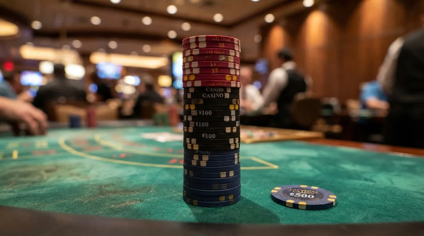 Una pila di fiches da casinò con valori alti su un tavolo verde da gioco