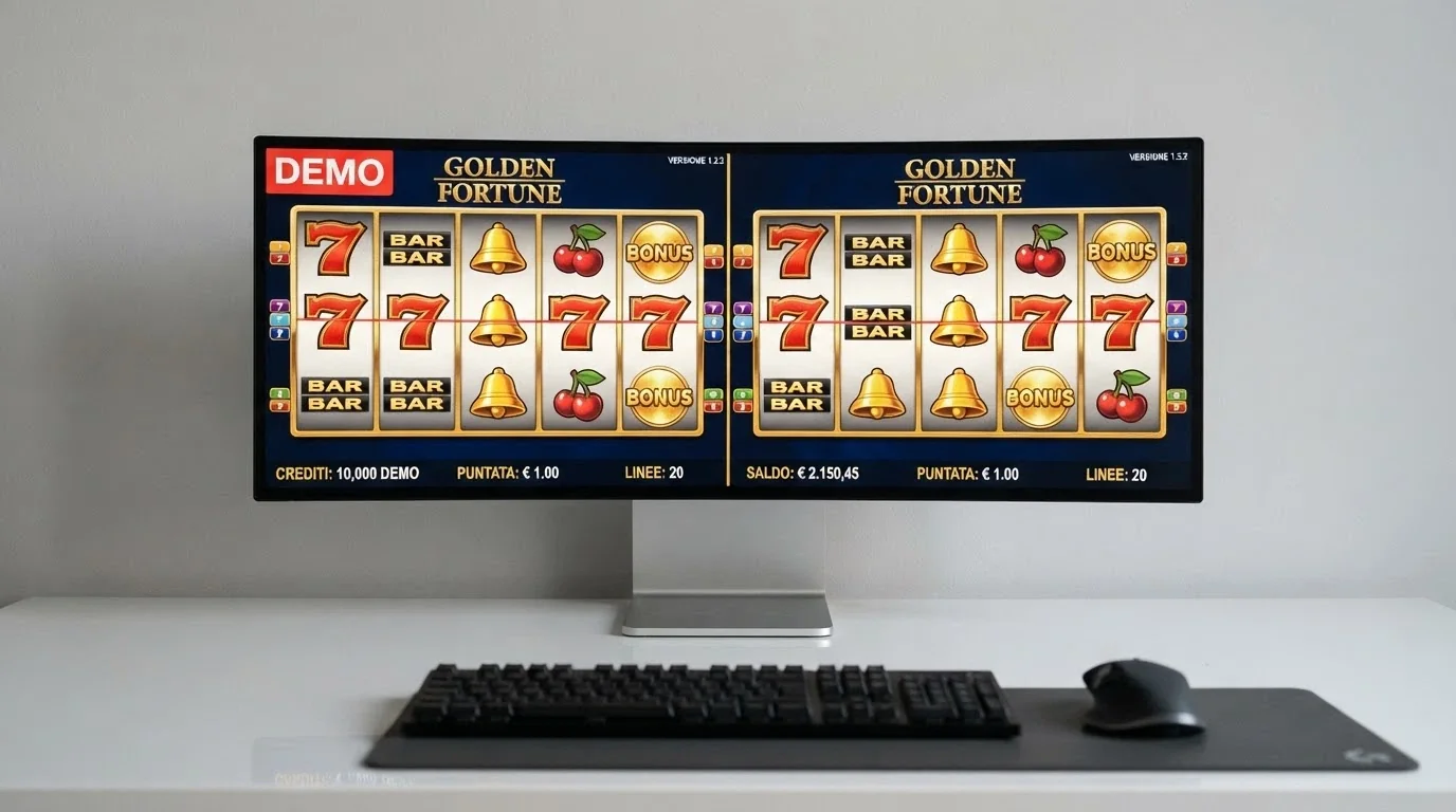 Schermata comparativa di una slot in modalità demo (a sinistra) e in modalità a pagamento (a destra), con interfaccia e RTP visibili