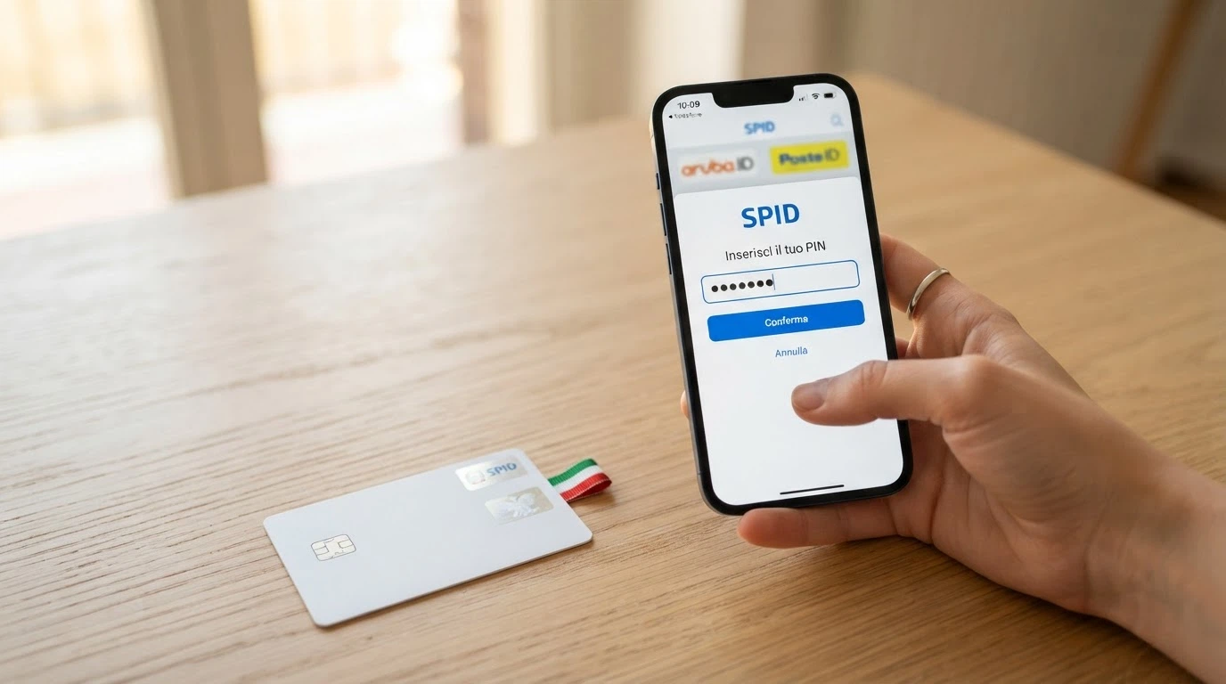 Uno smartphone che mostra la schermata di login SPID accanto a una carta d'identità elettronica appoggiata su un tavolo, con il logo ADM sullo sfondo