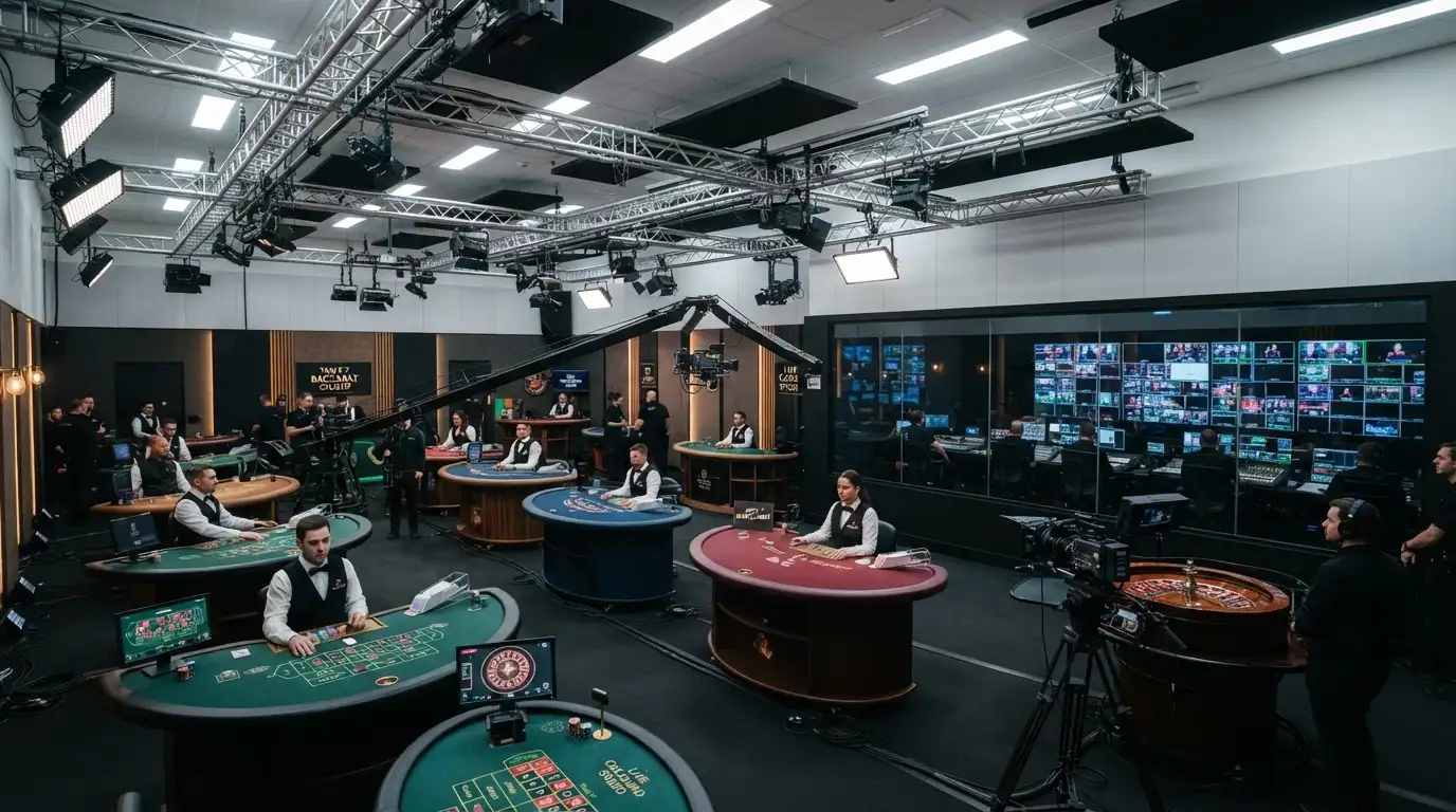 Una regia multi-telecamera in uno studio Evolution con tavoli da blackjack e roulette, schermi di controllo e luci professionali
