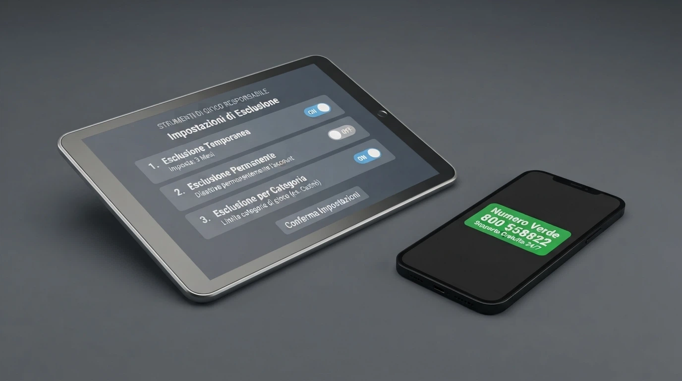 Un pannello di controllo stilizzato con le opzioni di autoesclusione (temporanea, permanente, per categoria) e un telefono con il numero verde 800 558822