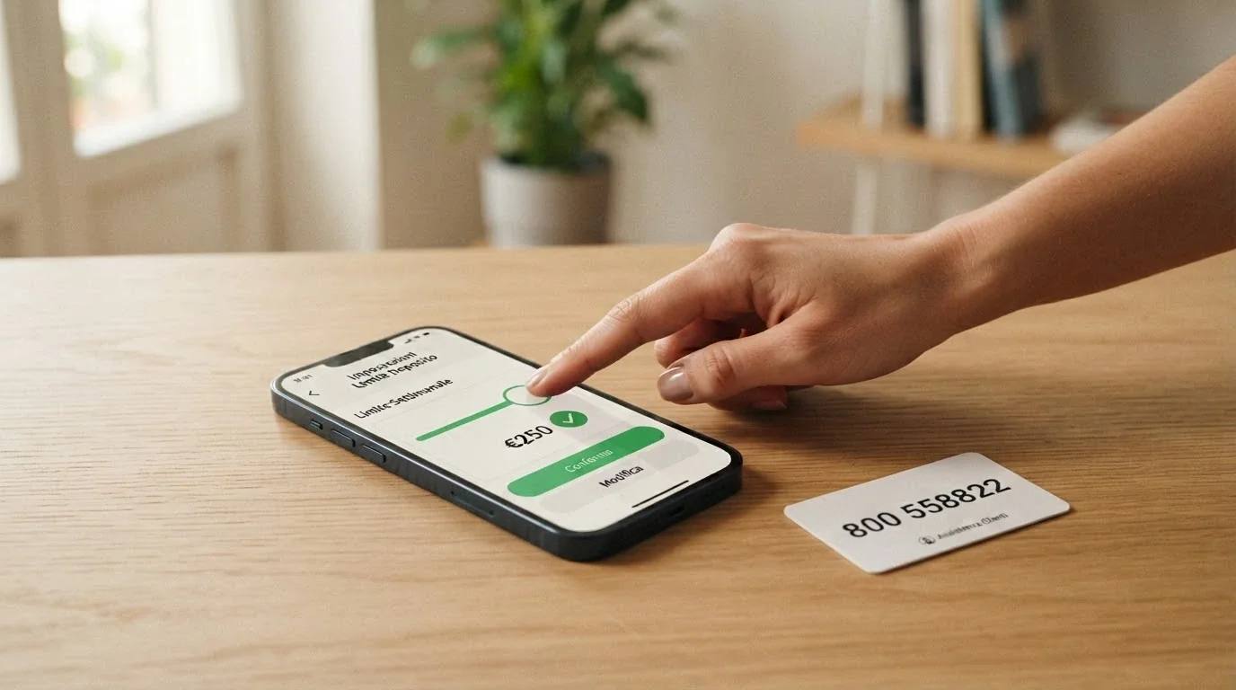 Una mano che imposta un limite di deposito settimanale sull'interfaccia di un casinò online, con il numero del Telefono Verde 800 558822 in sovrimpressione