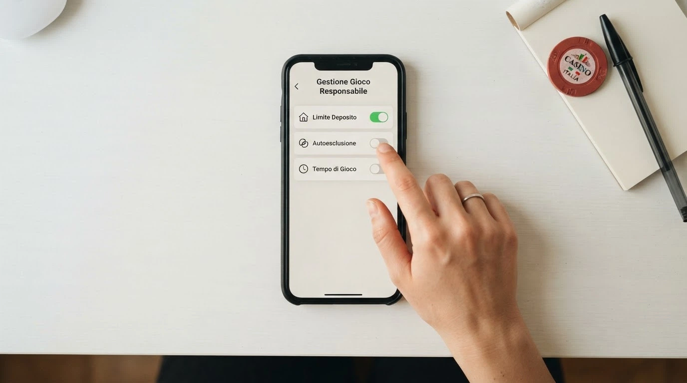 Una mano che attiva un interruttore con le opzioni «limite deposito», «autoesclusione», «tempo di gioco» su un'interfaccia area riservata