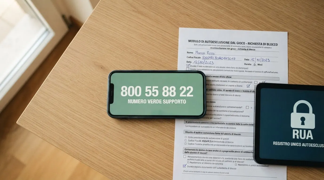 Un telefono con il numero verde 800 55 88 22 sullo schermo, appoggiato accanto a un modulo di autoesclusione e a un lucchetto digitale con la sigla RUA