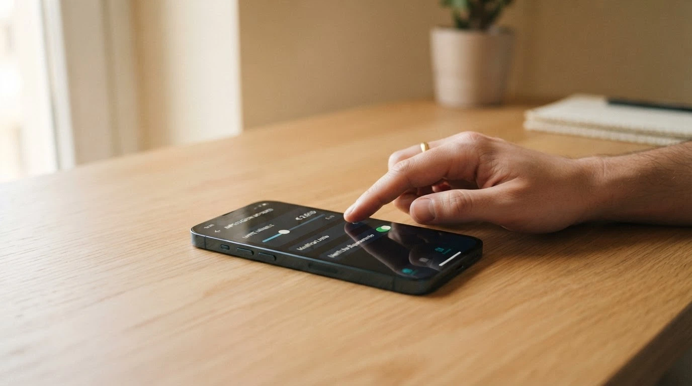 La mano di una persona sfiora lo schermo di uno smartphone che mostra i controlli dei limiti di deposito in un casinò online italiano.