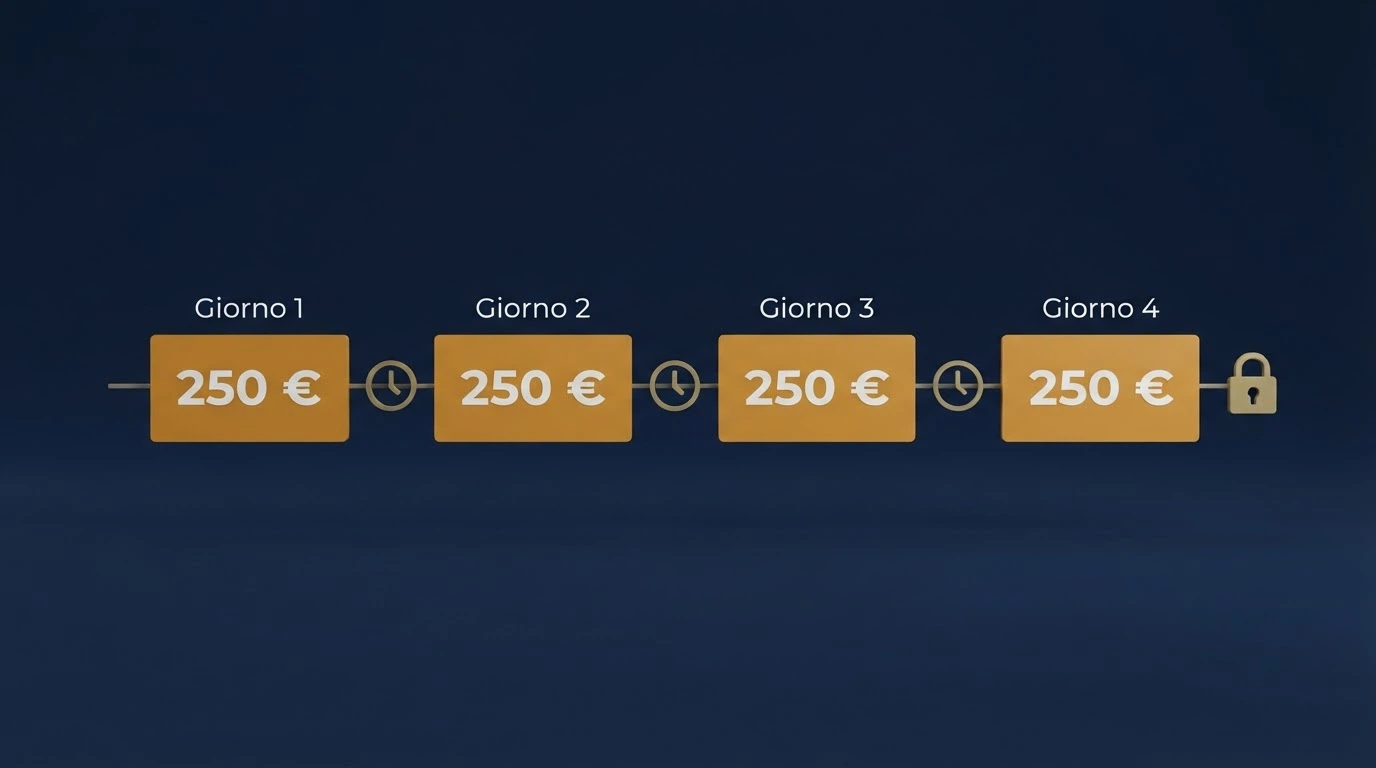 Una timeline che mostra quattro blocchi da 250 euro ciascuno distribuiti su più giorni, con accanto l'icona di un orologio e un lucchetto