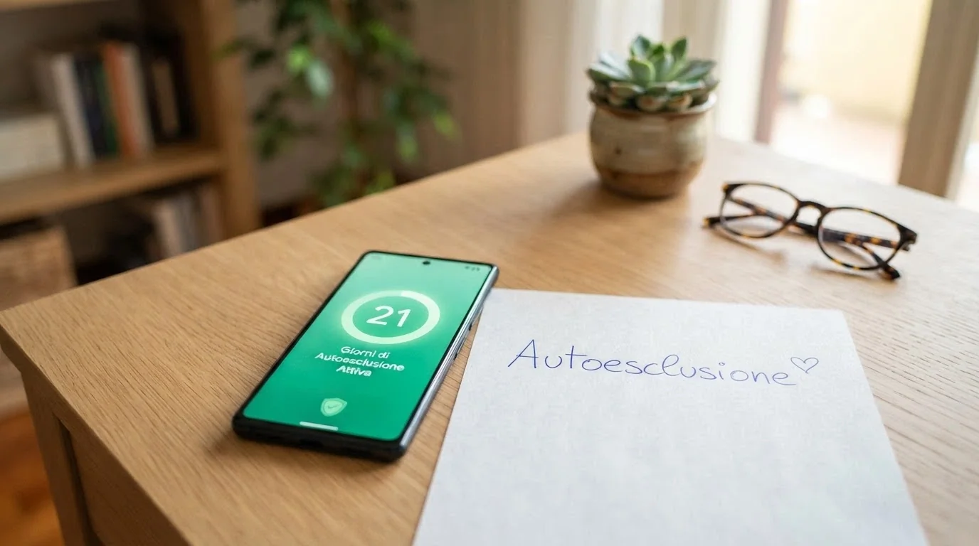 Un telefono con il display che mostra un numero verde, appoggiato su una scrivania accanto a un foglio con la scritta «autoesclusione»