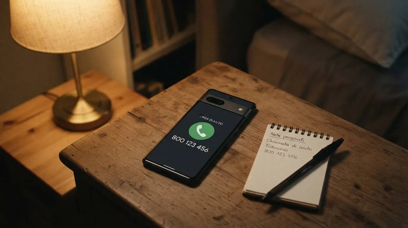 Un telefono con il numero verde 800 558 822 sullo schermo, affiancato dalle icone di un counselor, un gruppo di auto-aiuto e il simbolo del SSN