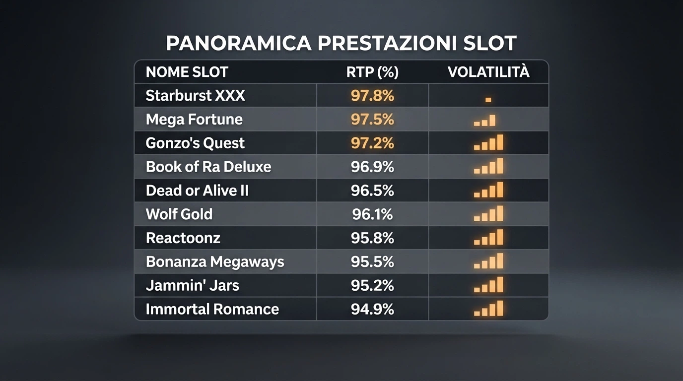 Una tabella stilizzata con colonne che mostrano nome della slot, percentuale RTP e indicatore di volatilità