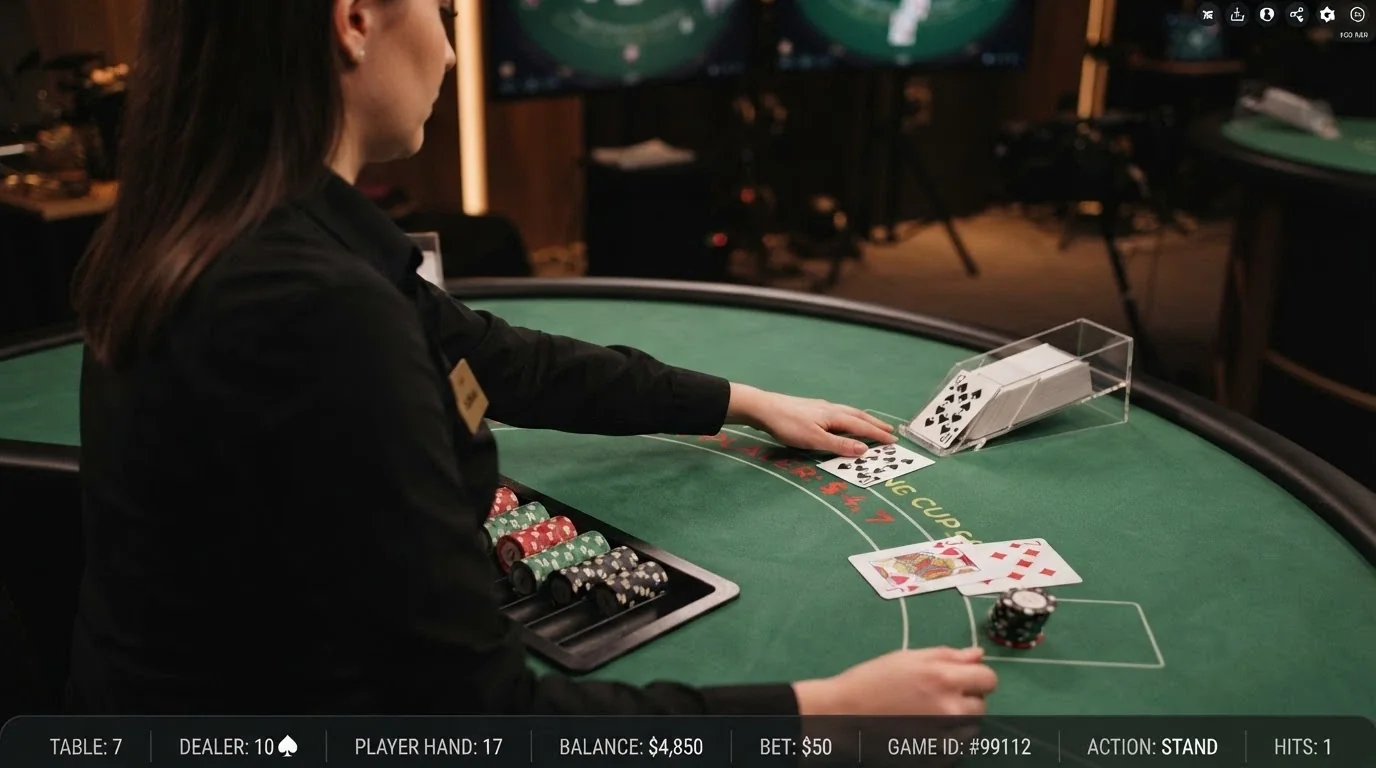 Un tavolo da blackjack live con il dealer inquadrato e l'interfaccia di gioco digitale visibile sullo schermo