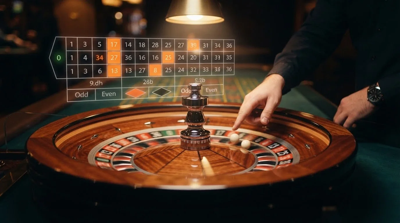 Un primo piano di una roulette fisica con il croupier che fa girare la pallina, sovrimpressione digitale delle puntate sullo schermo